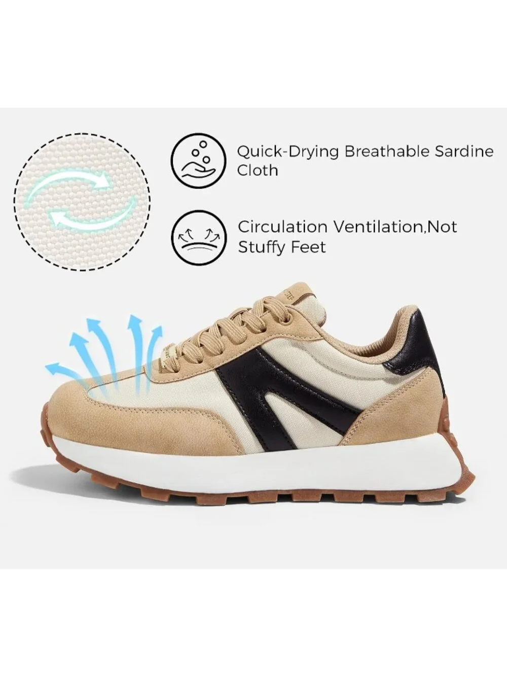 Women's Beige/Black Retro Classic Stylish Lace Up Tennis Running Walking Sneaker